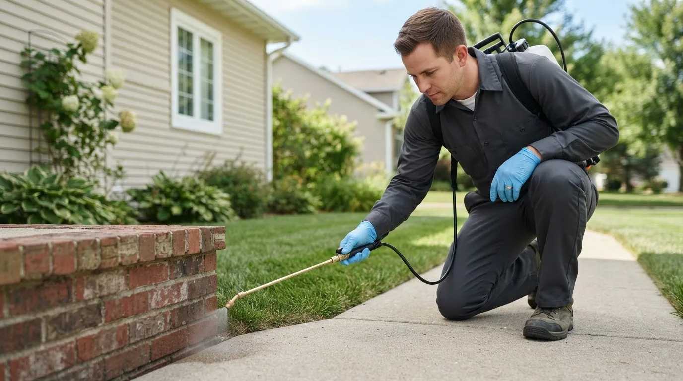Pest control technician treating a home near New York Mills, MN