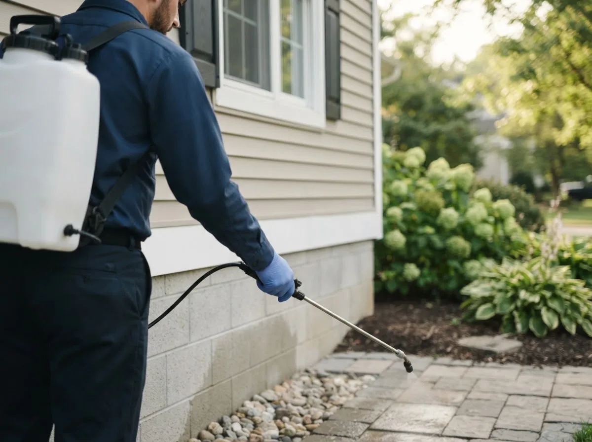 Pest control technician inspecting a home in New York Mills, MN